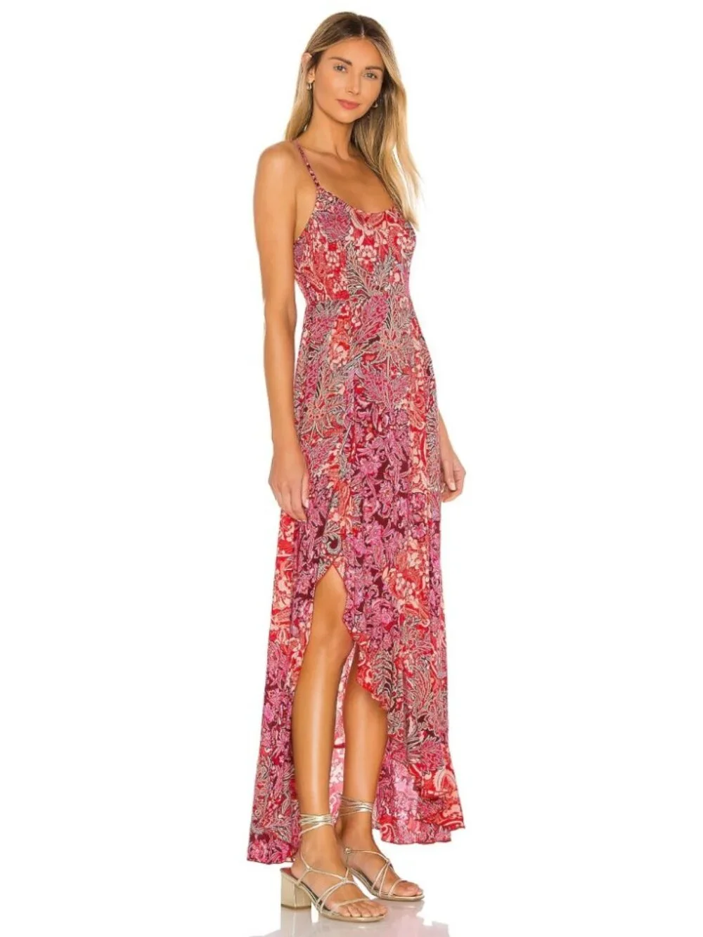 Free People Forever Yours Smocked Slip Dress Red Floral Asymmetrical Resort XS